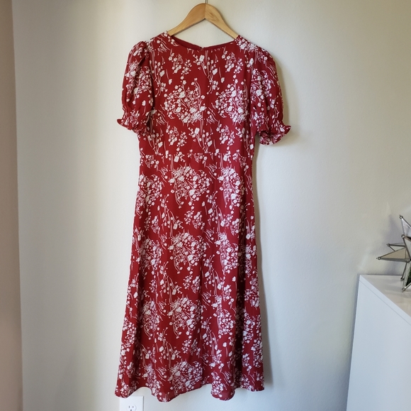 Red Floral Smocked Puff Sleeve Midi Dress - Picture 9 of 15